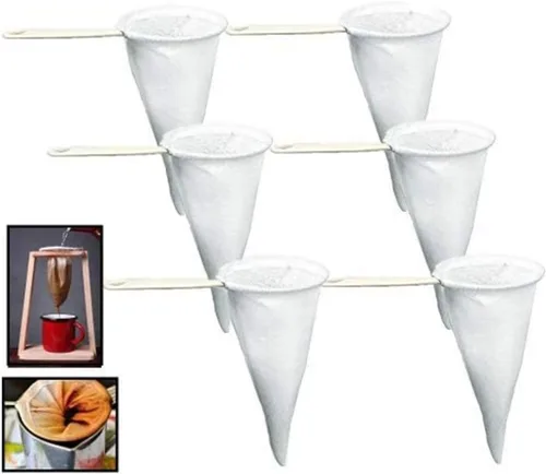 Paquete de 6 coladores reutilizables de tela Colador Café, Té, Lote de coladores a granel, filtro de malla de tela filtrante, con mango de plástico