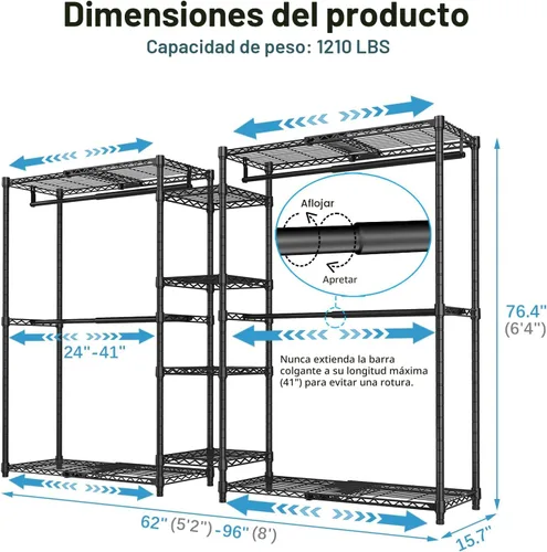 Vista 7 de VIPEK X3 Plus Perchero de Armario Grande Expandible Ajustable de 5 pies 10 pulgadas a 8 pies 8 pulgadas con Estantes Extensibles y Barras