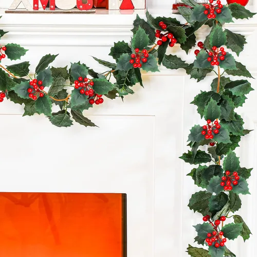 Xinnun 1 guirnalda de acebo de Navidad con bayas artificiales para interiores y exteriores, decoración rústica para colgar en decoración navideña,