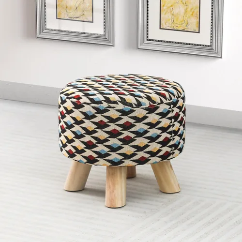 Vista 8 de Asense Taburete otomano redondo pequeño con reposapiés acolchado de tela con patas de madera antideslizantes (multicolor, tela)