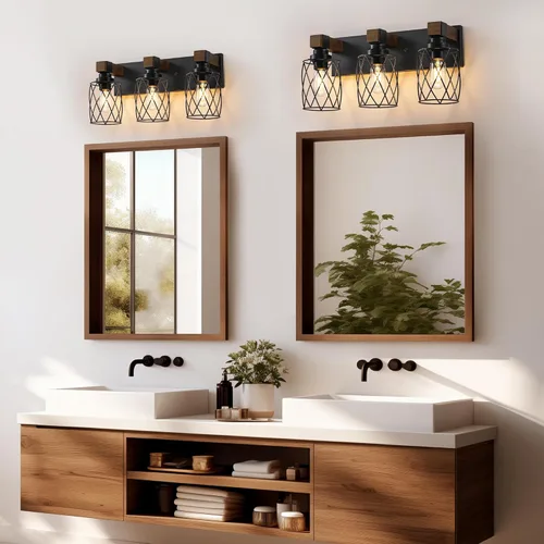 Vista 5 de Luz de Tocador de Baño Estilo Granja, Lámpara de Baño de Madera de 3 Luces para Sobre el Espejo, Luces de Tocador Industriales Negras con Pantalla