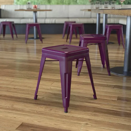 Vista 2 de Flash Furniture Taburete de metal para mesa de comedor, taburete de grado comercial Kai morado sin espalda, silla de comedor apilable de 18