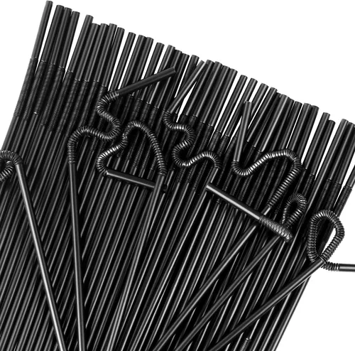 Vista 4 de [Envueltas individualmente] 100 popotes de plástico flexibles negros, pajitas flexibles desechables