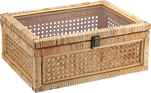 Vista 7 de Hipiwe Caja de Exhibición de Ratán con Tapa Transparente Cesta de Almacenamiento Rectangular de Mimbre con Pestillo Seguro de Metal Caja Decorativa