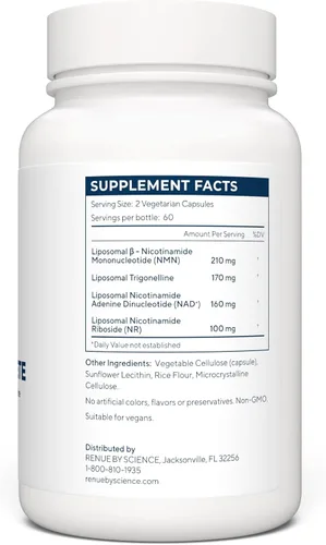 Vista 3 de RENUE by SCIENCE NAD+ Complete 120 cápsulas de suplemento de NAD liposomal con NMN, NR y trigonelina, 210 mg de NMN y 160 mg de NAD por porción