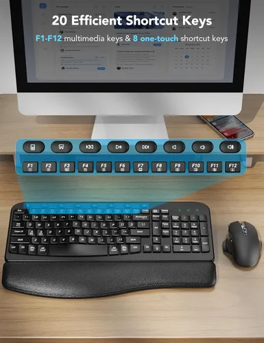 Vista 8 de Combo de teclado y mouse inalámbricos – Tecla de onda ergonómica, reposa muñecas de cuero suave incorporado, 2.4G de tamaño completo, 8 teclas