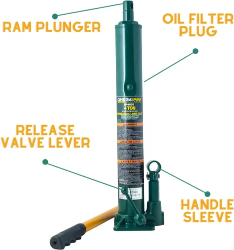 Vista 2 de Omega Pro Gato hidráulico largo Ram - Capacidad de 4 toneladas con base plana para taller de garaje automático, verde (OP400S)