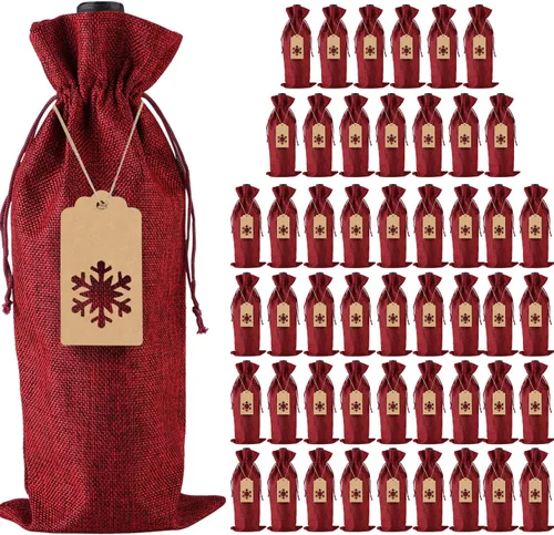 Bolsas de regalo de vino de arpillera, 48 fundas para botellas de vino con cordón de yute con cuerdas y etiquetas para Navidad, bodas, viajes,