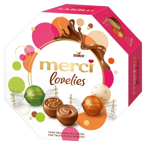 Merci Lovelies Clásico 185g - CAJA DE REGALO con 14 chocolates envueltos individualmente - Turrón crujiente - Almendra blanca - Praliné - Nueces y