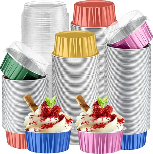 Vista 11 de Paquete de 200 forros de papel de aluminio para cupcakes con tapas, taza redonda de 5 onzas para hornear, recipiente desechable para Ramadán, Negro