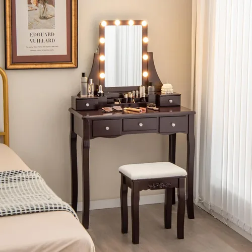 Vista 57 de CHARMAID Escritorio de tocador con espejo y luces, mesa de tocador de maquillaje con 5 cajones de almacenamiento, 3 modos de iluminación