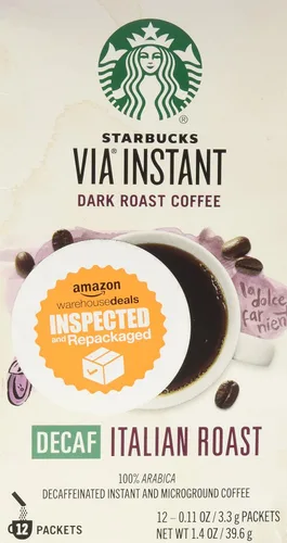 Vista 4 de Starbucks Via Ready Brew, café instantáneo italiano descafeinado tostado oscuro, 7 unidades cada uno (paquete de 2)