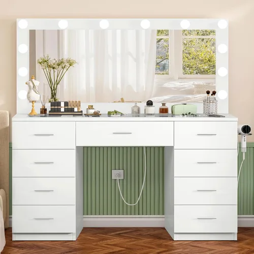 Vista 9 de Mesa de tocador de 106.9 cm con espejo y luces, tocador de maquillaje con 7 cajones, 4 estantes, 5 ganchos para joyas y regleta de enchufes