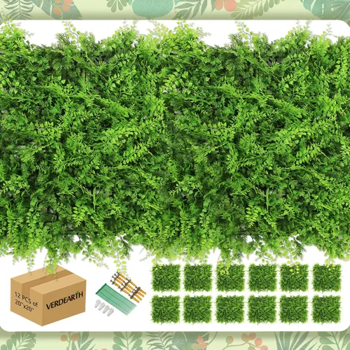 Vista 7 de Paneles de pared de plantas artificiales, 6 piezas de 19.7 x 19.7 in de vegetación de helecho, hiedra para valla de seto de privacidad, decoración