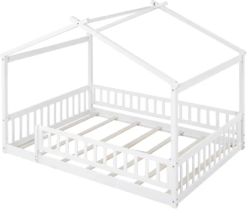 Vista 45 de Harper & Bright Designs Cama Montessori de tamaño matrimonial, cama de piso para niños con barandilla de valla, marcos de cama matrimonial de madera