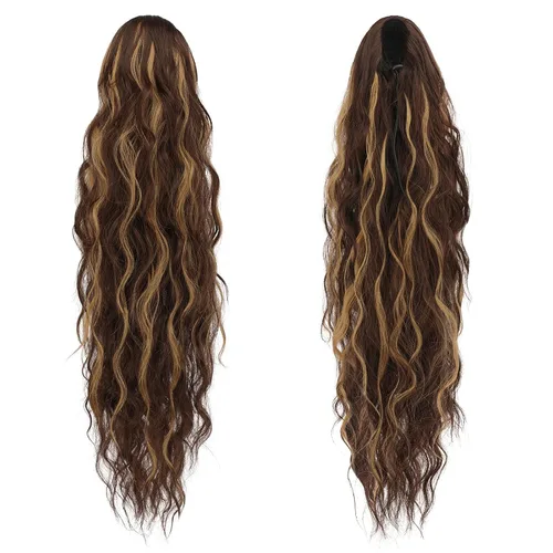 Vista 2 de FESHFEN Extensiones de cola de caballo - 66 cm con cordón, rizadas y onduladas, con clip, pieza de cabello sintético para coleta, extensiones