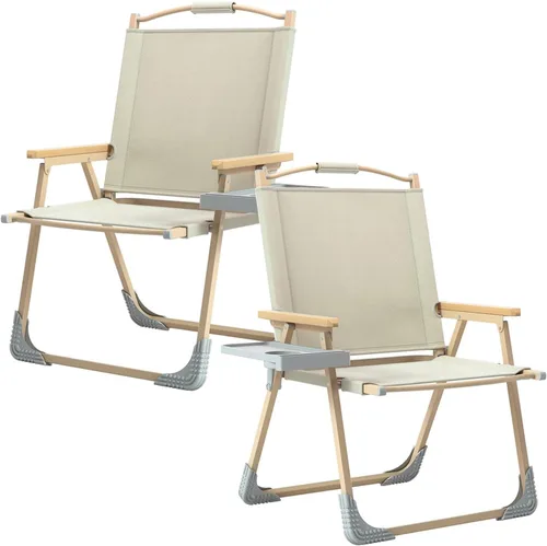 2 Pcs Folding Chairs with Side Storage Tray, Outdoor Foldable Chair with Storage Net Bag, Lounge Chair for Fishing Hiking Beach Patio(Beige,Large)