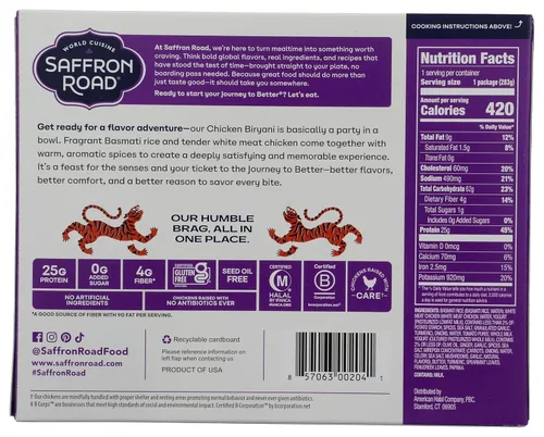 Vista 2 de Saffron Road Biryani de pollo congelado, alto en proteínas, sin aceite de semilla, pollos criados sin antibióticos, sin ingredientes artificiales