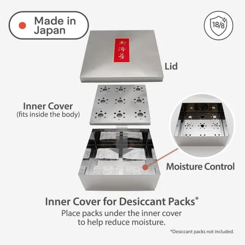 Vista 3 de TIKUSAN Contenedor de algas japonesas Sushi Nori Can Hecho en Japón Acero Inoxidable (Pequeño)