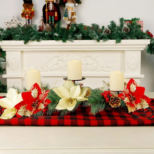 Vista 4 de Joliyoou - Piezas centrales de mesa de Navidad, portavelas de Poinsettia de Navidad de 44.5 cm de largo con 3 luces de velas alimentadas por