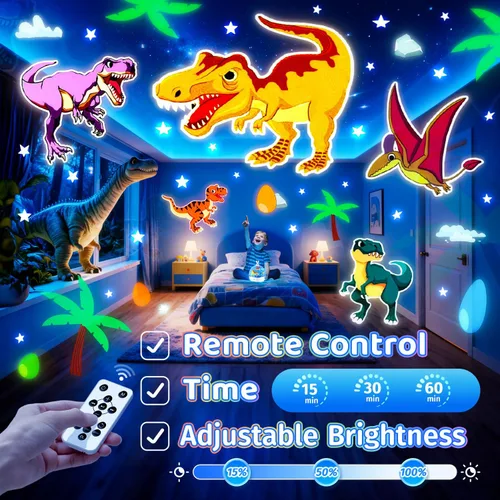 Vista 7 de One Fire Proyector de luz nocturna de dinosaurio, con 15 películas y música Bluetooth y luz nocturna de dinosaurio controlada a distancia, proyector