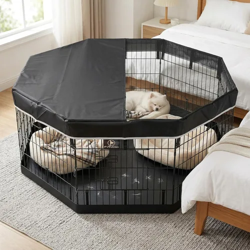 Vista 7 de PJYuCien Corralito para perros con cubierta superior y almohadilla inferior, bolígrafo de ejercicio plegable de metal, 8 paneles de 24 pulgadas